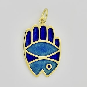 Solid 14k gold Hamsa Fish pendant, Blue Enamel Evil Eye Necklace