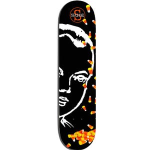 May include: Black skateboard with a white outline of a face and scattered candy corn. The top of the board features the word "SPONGE" in a circle. A pile of candy corn is at the bottom of the board.