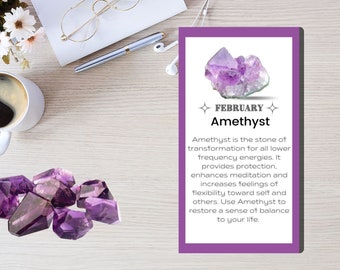 February Birth Month, Amethyst Crystal Meaning Card, Printable, PDF, Download, Instant Download, Crystal Cards, Printable Gemstone Cards,
