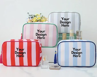 Personalized Striped Makeup Bag, Custom Travel Cosmetic Pouch, Bridesmaid Gift, Bridal Party Gift, Monogram Toiletry, Makeup bag with name