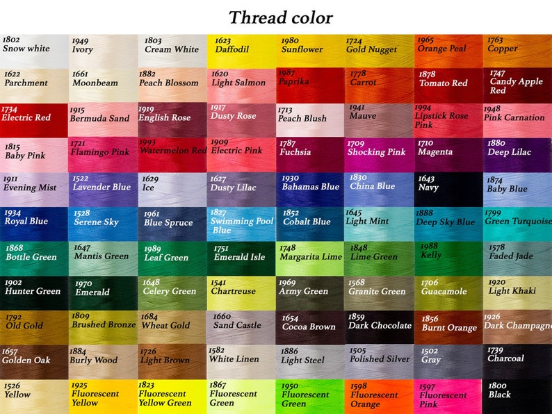 Puede incluir: Una carta de colores de hilo de bordar con los colores del hilo y los n&uacute;meros correspondientes. La carta est&aacute; organizada en filas y columnas con una variedad de colores, incluyendo rojo, azul, verde, amarillo, naranja, rosa, morado, marr&oacute;n y negro.