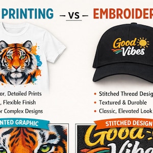 K&ouml;nnte beinhalten: Eine Vergleichsgrafik, die DTF-Druck auf einem wei&szlig;en T-Shirt mit Tiger-Grafik und Stickerei auf einer schwarzen Baseballkappe mit dem Text Good Vibes zeigt. Das Bild enth&auml;lt Aufz&auml;hlungszeichen, die die Merkmale jeder Druckmethode beschreiben.