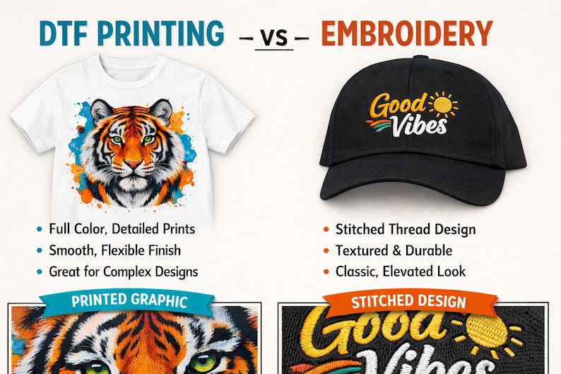 K&ouml;nnte beinhalten: Eine Vergleichsgrafik, die DTF-Druck auf einem wei&szlig;en T-Shirt mit Tiger-Grafik und Stickerei auf einer schwarzen Baseballkappe mit dem Text Good Vibes zeigt. Das Bild enth&auml;lt Aufz&auml;hlungszeichen, die die Merkmale jeder Druckmethode beschreiben.