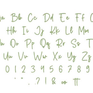 May include: A handwritten alphabet in green, including uppercase letters, lowercase letters, numbers, and punctuation marks.
