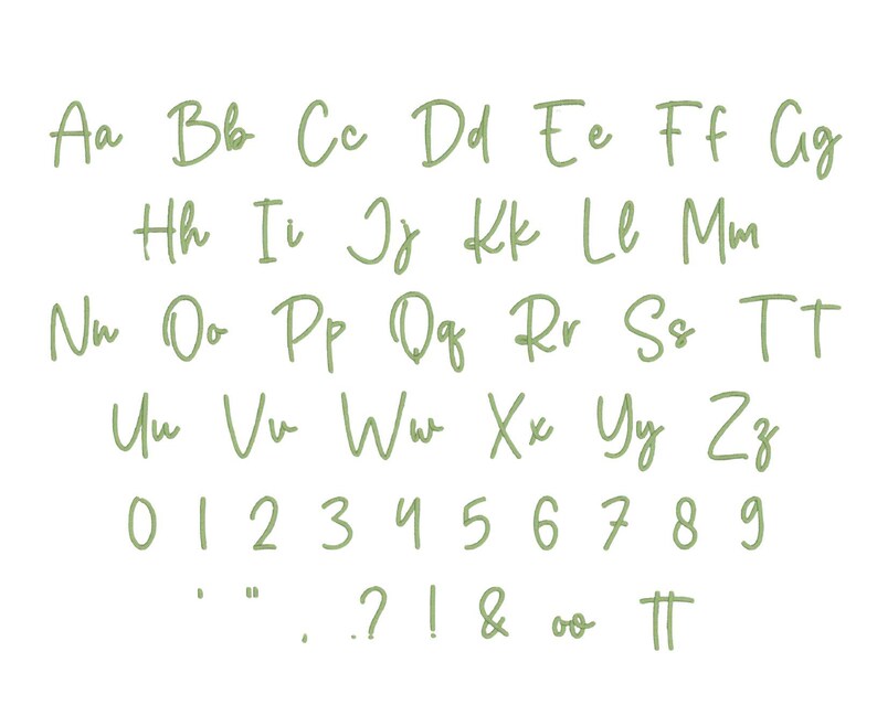 May include: A handwritten alphabet in green, including uppercase letters, lowercase letters, numbers, and punctuation marks.