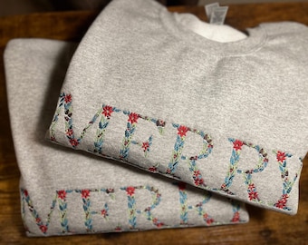 Christmas Embroidered Sweatshirt Floral Letters, Floral Sweatshirt, Cute Sweatshirt, Embroidered Flower Sweatshirt, Christmas Sweatshirt