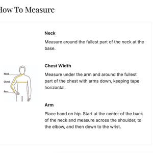 K&ouml;nnte beinhalten: Ein instruktives Diagramm mit dem Titel How To Measure, das eine Strichzeichnung eines Torsos zeigt. Gelbe gestrichelte Linien markieren Messpunkte f&uuml;r Hals, Brustbreite und Arm. Textanweisungen erl&auml;utern die Vorgehensweise f&uuml;r jede Messung.
