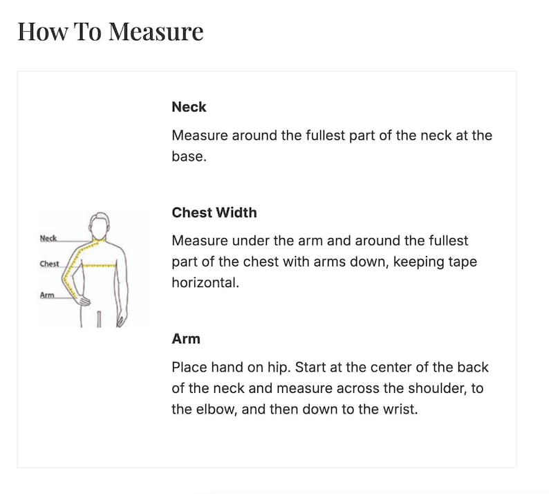 K&ouml;nnte beinhalten: Ein instruktives Diagramm mit dem Titel How To Measure, das eine Strichzeichnung eines Torsos zeigt. Gelbe gestrichelte Linien markieren Messpunkte f&uuml;r Hals, Brustbreite und Arm. Textanweisungen erl&auml;utern die Vorgehensweise f&uuml;r jede Messung.