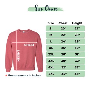 May include: Size chart for a sweatshirt with measurements in inches for chest and height. The chart shows sizes from S to 5XL with corresponding chest and height measurements.
