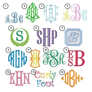 K&ouml;nnte beinhalten: Eine Sammlung von vierzehn nummerierten Stickschriftarten und Monogramm-Designs in verschiedenen Farben wie Blau, Gr&uuml;n, Pink, Gelb, Lila und Orange. Die Darstellung zeigt Schreibschrift-, Block- und dekorative Schriftstile zur Personalisierung.