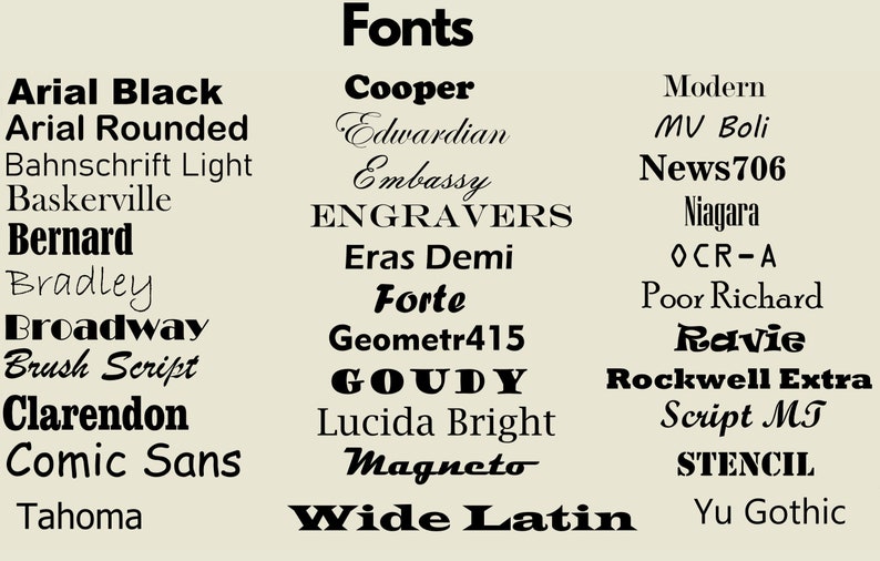 Puede incluir: Una lista de diferentes nombres de fuentes en texto negro sobre un fondo beige. Los nombres de fuentes incluyen Arial Black, Arial Rounded, Bahnschrift Light, Baskerville, Bernard, Bradley, Broadway, Brush Script, Clarendon, Comic Sans, Tahoma, Cooper, Edwardian, Embassy, ENGRAVERS, Eras Demi, Forte, Geometr415, GOUDY, Lucida Bright, Magneto, Modern, MV Boli, News706, Niagara, OCR-A, Poor Richard, Ravie, Rockwell Extra, Script MT, STENCIL y Yu Gothic.