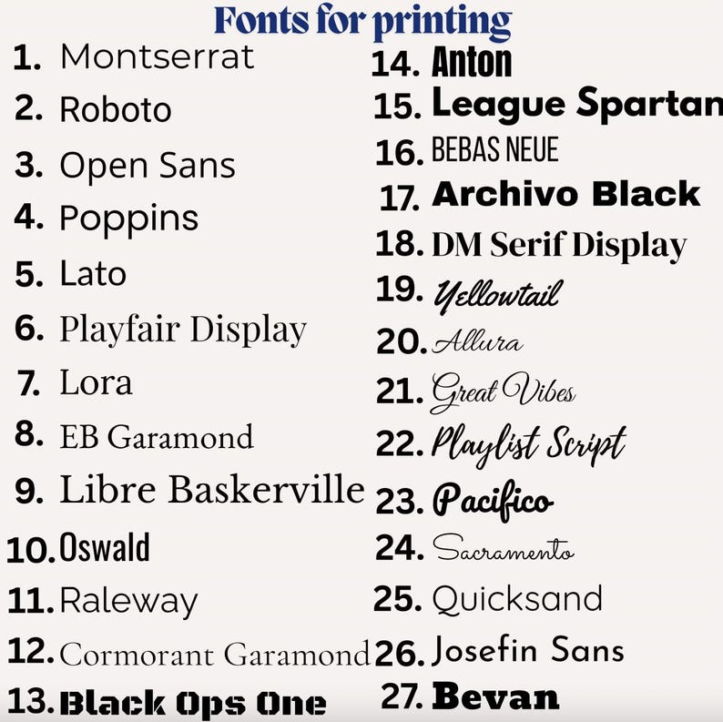 K&ouml;nnte beinhalten: Eine Liste mit dem Titel Fonts for printing, die siebenundzwanzig nummerierte Optionen in verschiedenen Schriftarten enth&auml;lt. Die Liste umfasst Montserrat, Roboto, Open Sans, Poppins, Lato, Playfair Display, Lora, EB Garamond, Libre Baskerville, Oswald, Raleway, Cormorant Garamond, Black Ops One, Anton, League Spartan, Bebas Neue, Archivo Black, DM Serif Display, Yellowtail, Allura, Great Vibes, Playlist Script, Pacifico, Sacramento, Quicksand, Josefin Sans und Bevan.