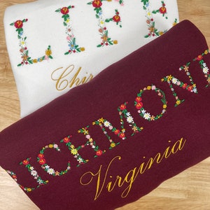 Embroidered Sweatshirt Floral Letters with Text Below, Women Sweatshirt, Embroidered Sweatshirt, Mom Sweatshirt, Custom Sweatshirt