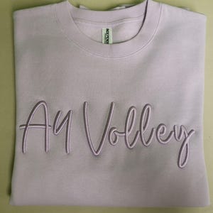 May include: A lavender sweatshirt with the text "Ay Volley" embroidered in a light purple colour.