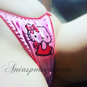 Lace Duchess Classic 80&#39;s cut Little Cat PINK Valentines Day Character print sissy satin wet look ladies and men&#39;s panties sz 5 6 7 8 9