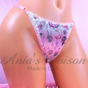 Halloween Adjustable SATIN thong Pink Spooky Print sissy Ladies Triangle T thong panties adjustable sides - Reg and Plus
