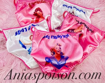 Sissy SATIN Humiliation Pin-ups Valentines string bikini Duchess Cut shiny wetlook naughty BACK print Pink or White women's panties