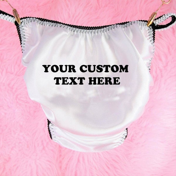 CUSTOM Made Sissy Satin Panties - Any Picture or text on White ladies or mens Lace Duchess cut 80s VTG Style string bikini panties S-2X