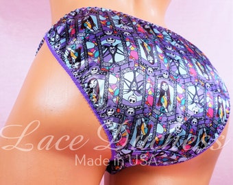 Halloween Panties VTG 80s style SATIN Jack & Sally Stained Glass purple string bikini Panties 6  only Lace Duchess