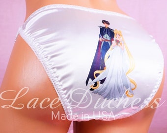 VTG 80s style sissy SATIN Sailor Moon Wedding Classic White string bikini Panties 5 6 7 8 Lace Duchess