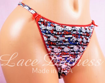 VTG 80s style SATIN SHiny Kitty Cat Print string bikini Panties 5 6 7 8 Lace Duchess Womens
