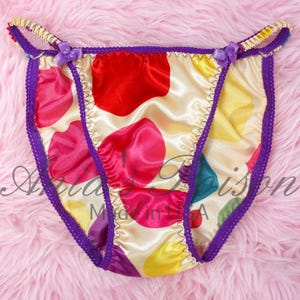 SATIN PANTIES 80s style SATIN silky sissy Rainbow Dot Easter Egg shiny wetlook ladies string bikini Lace Duchess sz 5-9