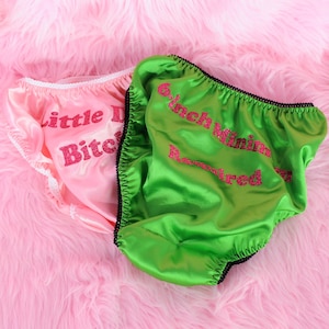 SATIN Womens panties Totally CUSTOM Naughty TEXT Shiny wetlook string bikini Satin panties for Ladies women - Sissy