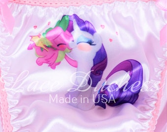 Bikini Sissy estilo años 80 VTG SATÉN My Little Ponies Group Classic White string Braguitas Rarity Dragon 5 6 7 8 Encaje Duchess