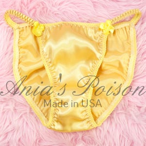 SATIN PANTIES 80s style SATIN silky sissy Golden summer Yellow shiny wetlook ladies string bikini Lace Duchess Cut sz 5-9