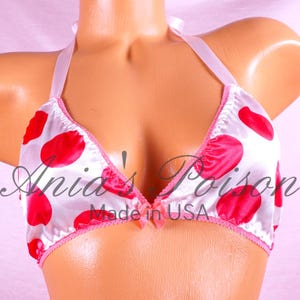 Ania&#39;s SATIN Triangle Bra Hot Pink Polka Dot super shiny lined tie up unisex Halter Bra OS