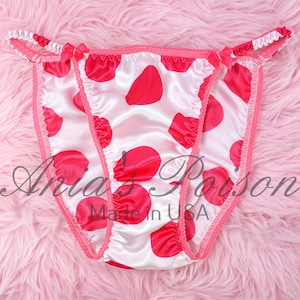 SATIN PANTIES 80s style SATIN silky sissy Hot Pink Polka Dot White shiny wetlook ladies string bikini Lace Duchess sz 5-9