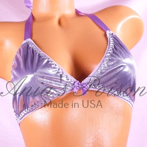 Ania&#39;s SATIN Foil Triangle Bra Metallic Lilac Purple super shiny sparkle lined tie up unisex Halter Bra OS