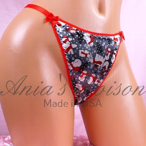 CHRISTMAS Panties SATIN thong happy Snowman print sissy Ladies Triangle T thong panties 2 sizes
