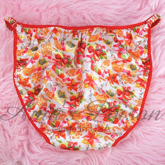 Christmas SATIN Panties Rare Flowers Cookies Stockings Red