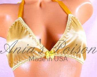Sujetador triangular de satén Ania, amarillo dorado, súper brillante, forrado, con lazo, unisex, sujetador halter OS