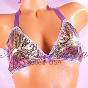 Ania&#39;s SATIN Foil Triangle Bra Metallic Pastel Rainbow Scales super shiny sparkle lined tie up unisex Halter Bra OS