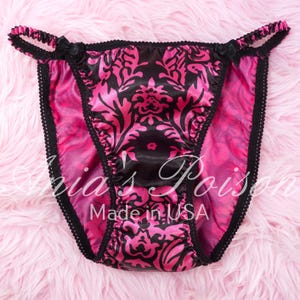 SATIN Panties 80s style SATIN silky sissy Damask Print Hot Pink Black Floral shiny ladies string bikini Panties Lace Duchess sz 5-9