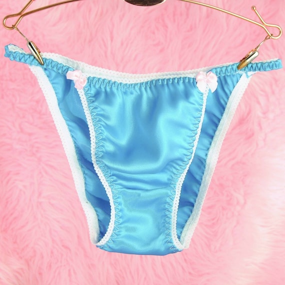 VTG Style Cheeky Cut Blue Satin Ladies Shiny High Gloss Silky Soft String Bikini  Panties L/xl S/M 