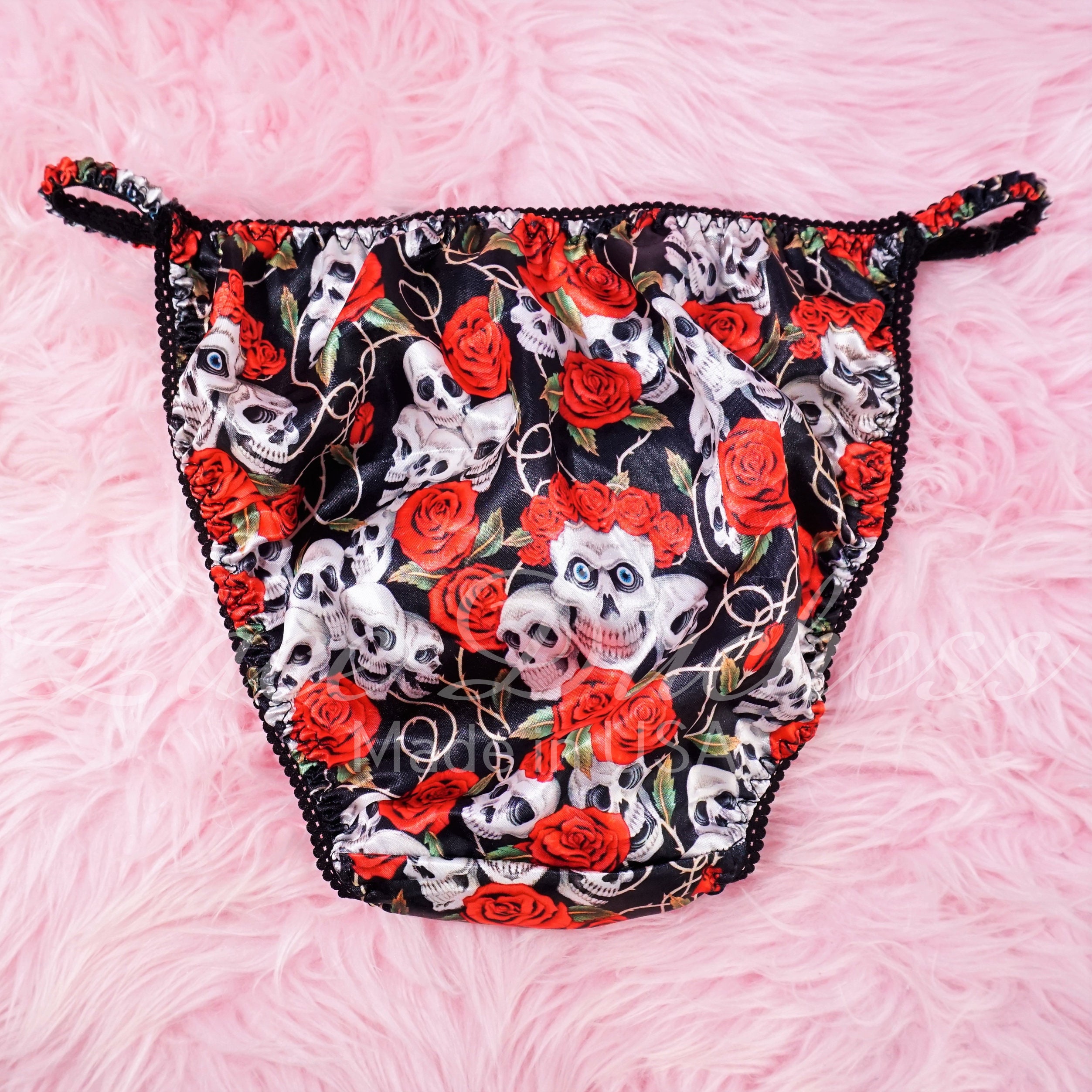 Halloween Panties VTG 80s Style SATIN Skulls and Roses Black Etsy