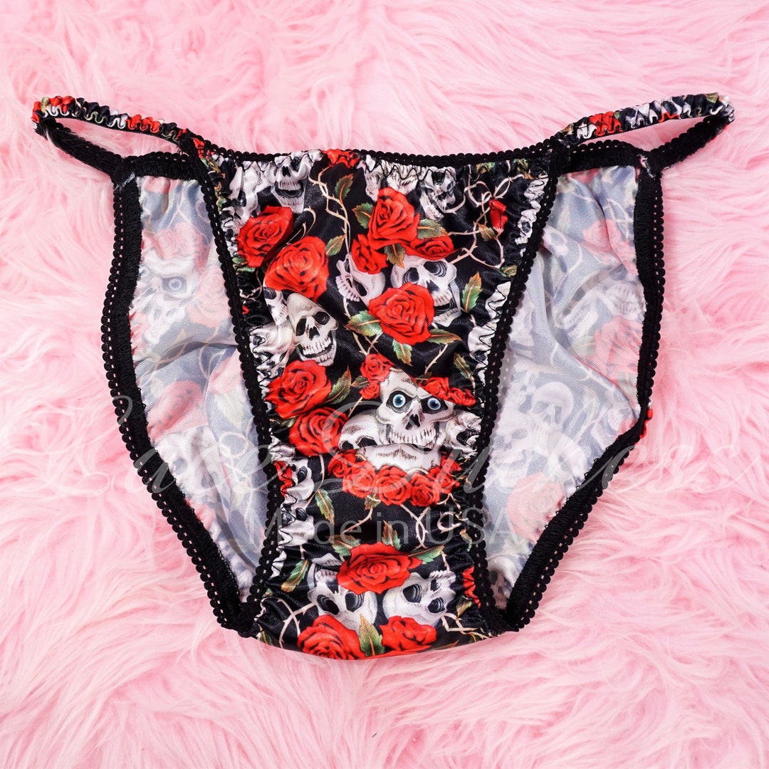 Halloween Panties VTG 80s Style SATIN Skulls and Roses Black Etsy