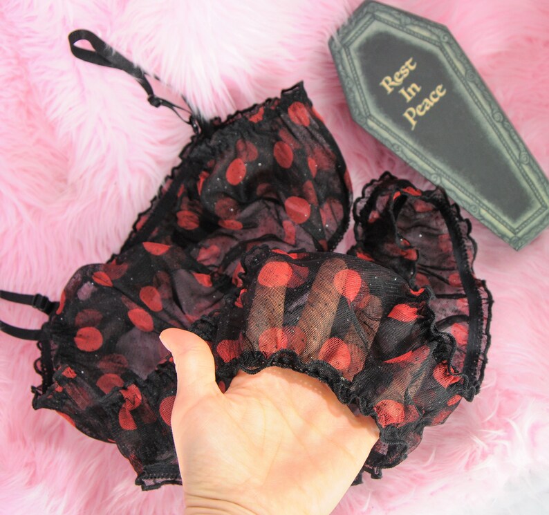 GIFT SET Sheer Red Black Polka Dot Ruffled Halloween Boudoir classy Satin bra and panties set Lingerie underwear