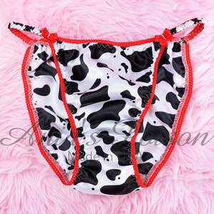 SATIN Panties 80s style SATIN silky sissy Moo COW Girl shiny ladies string bikini Panties Lace Duchess sz 6-9