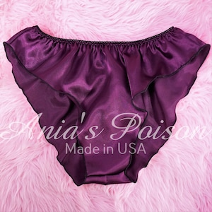 VTG style Silky Smooth soft Eggplant Purple satin shiny wetlook ladies lower cut flutter tap panties Slip L Xl 26-42&quot;