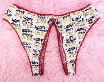 New Years Unisex Stretch Spandex Sissy Open Crotch & Butt White Red Gold  Butterfly Style Panties -  Hong Kong