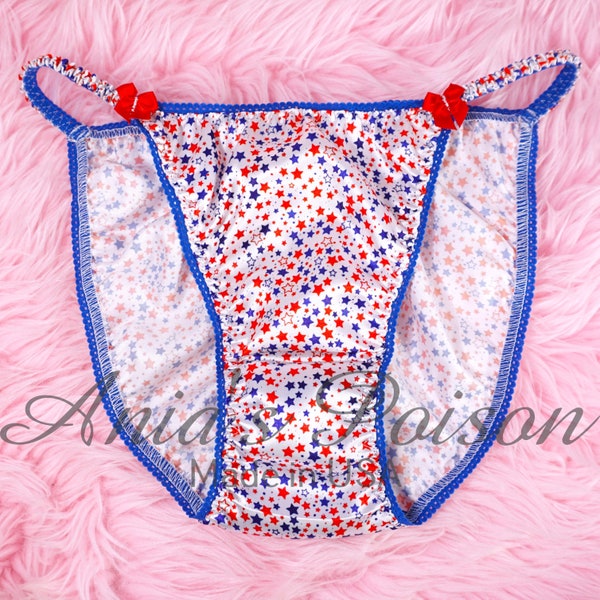 VTG 80s style SATIN Shiny July 4th panties Red White & Blue Stars print Satin wet look string bikini sz 6 7 8! Lace Duchess