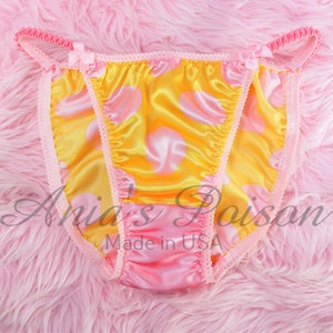SATIN PANTIES 80s style SATIN silky sissy Yellow and Pink Polka Dot Satin Gusset shiny wetlook ladies string bikini Lace Duchess sz 5-9