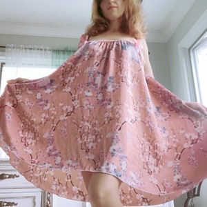 SATIN Silky soft Nightie Pink Asian Floral OS Fits most 50s Vintage Style Peignoir shiny sweeping Frilly Sissy Night Gown lingerie