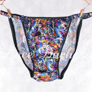 Vintage 80s style SATIN silky sissy cartoon VILLAINS Black shiny string bikini Panties Lace Duchess sz 5 6 7