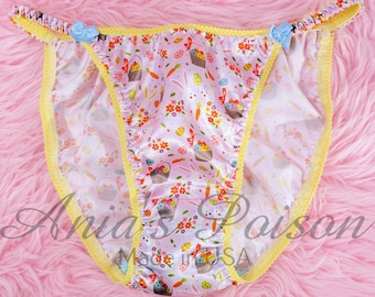 VTG 80s style SATIN Easter print Bunny Eggs string bikini Panties Lace Duchess Women's Cut sz 6 7 8