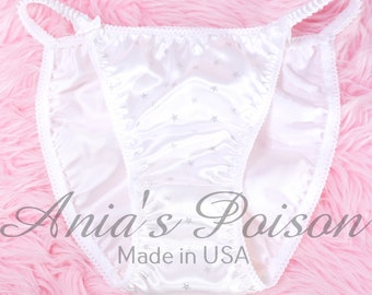 Braguitas VTG estilo años 80 de SATÉN Brillantes del 4 de julio Blancas con Estrellas Plateadas Bikini de tanga de satén con efecto mojado talla 5-9 Encaje Duquesa